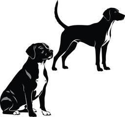 Black and white silhouette dogs, sitting and standing poses, domestic pets, hunting dog breed illustration, canine artwork, vector animal design, graphic style