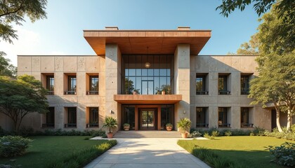 Modern Indian school building facade features stone, glass with subtle jaali work. High-ceilinged entrance hall welcomes abundant natural light, creating open, airy atmosphere. Architecture blends