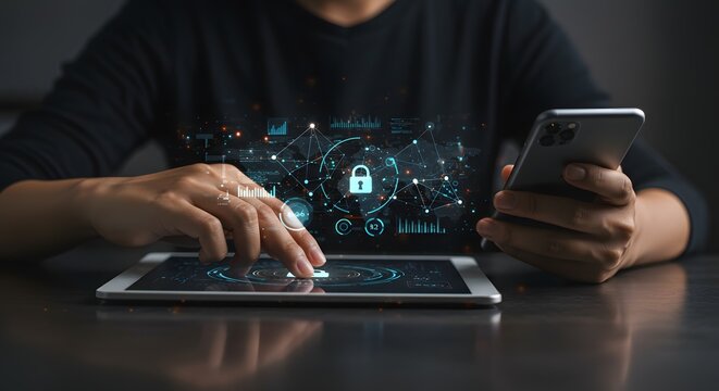 Digital Security and Data Protection Concept: Person Using Tablet with Futuristic Interface - Powered by Adobe