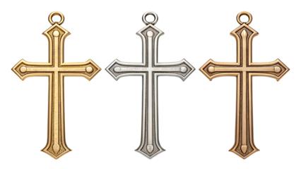 gold silver bronze metal christian cross isolated on background white
