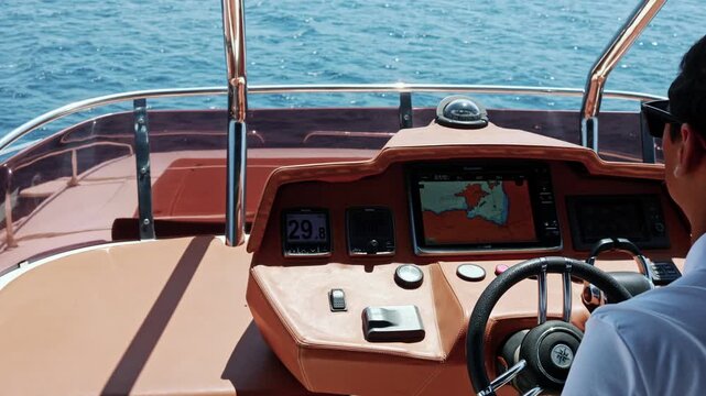 Ship captain uses computerized chart while navigating yacht, boat. Interior view of control panel and various electronic devices. Over shoulder shot in the background of the dashboard. 