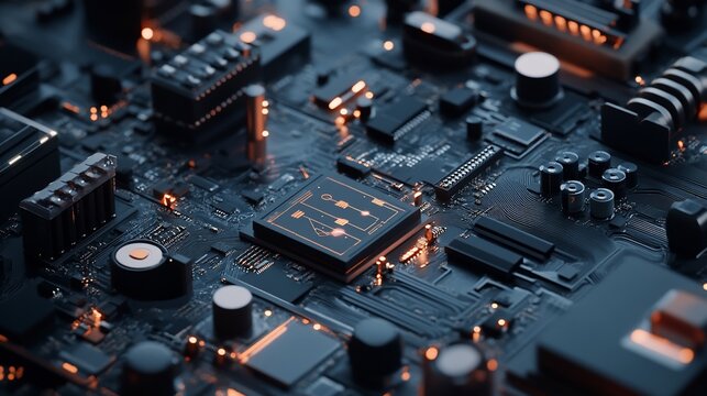 Detailed view of a high-tech circuit board with glowing elements and intricate components