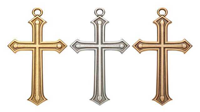gold silver bronze metal christian cross isolated on background white