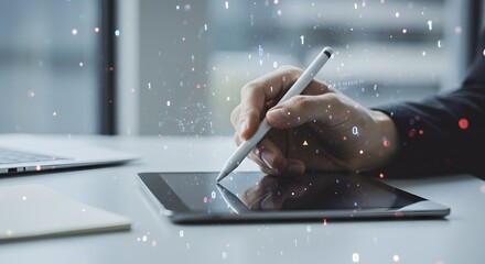 Digital Transformation: Hand Using Stylus on Tablet with Binary Code Overlay