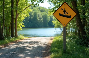 Canoe launch sign on wooded path leads to calm blue river. Gravel road curves toward water. Surrounded by green trees, dappled sunlight creates patterns. Scenic natural outdoor setting invites water