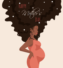 Mother's day greeting card with black pregnant woman in orange dress and long dark hair flat illustration for wallpapers, banners, posters, cards