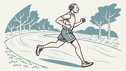 A man in athletic attire is running on a winding path surrounded by trees in a park setting outdoors