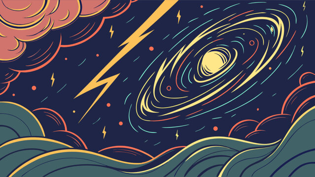 Stylized depiction of a stormy night sky with lightning and celestial rings above rolling hills