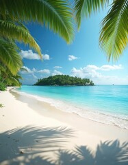 Tropical beach paradise with white sand, turquoise ocean water under clear blue sky with palm tree shadows. Green island offshore with calm waves lapping shore. Idyllic vacation destination for