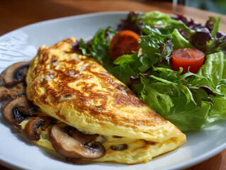 A close up of a mushroom omelet with a side salad on a white ceramic plate dish