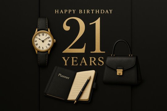 Happy birthday card for 21 years girl on black background, featuring gold accents, watch, pouch, notepad, pen, handbag. Concept of happy birthday card celebration.
