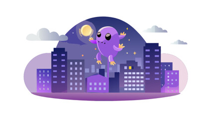 Obraz premium A purple cartoon monster is jumping over a city skyline at night with a moon and stars shining bright