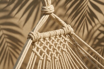 Close-up of macrame hammock with palm shadows—rope knots and boho texture, perfect for summer relaxation and decor.