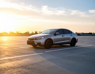 Silver Sedan Parked In Parking Lot At Sunset
