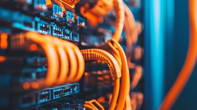 Close up of organized orange LAN cables connected to a server rack in a high tech room