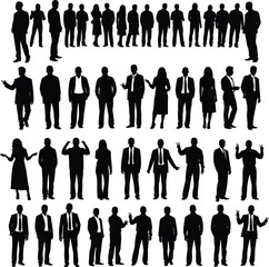 Business people silhouettes, standing and talking, men and women, formal wear, team communication, corporate professionals, black vector illustration, isolated white background