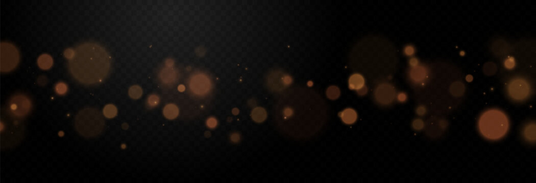 Magic gold effect with golden glowing bokeh. Light effect. Christmas bokeh png. Christmas glowing background.