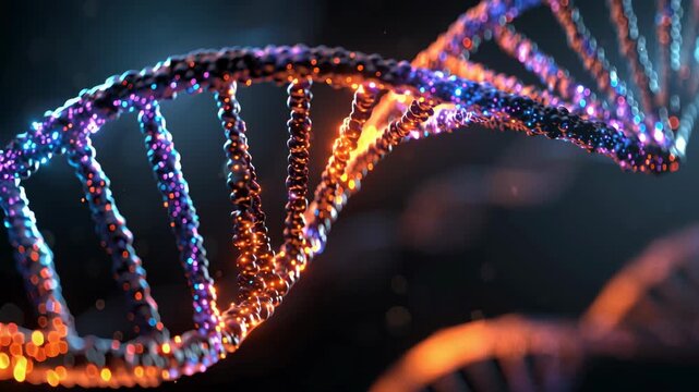 Glowing DNA Double Helix Rotating with Neon Blue and Orange Light