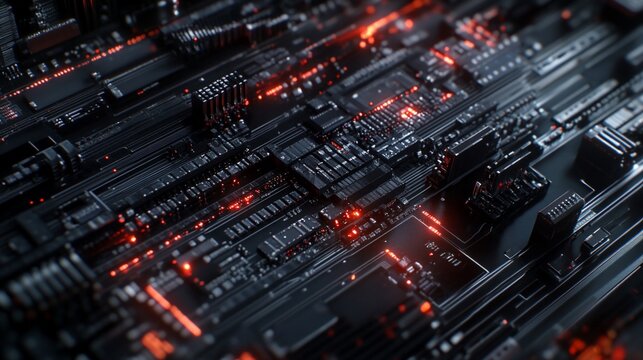 High-tech software information technology illustration showcasing circuit board with red glowing lights and dark tones