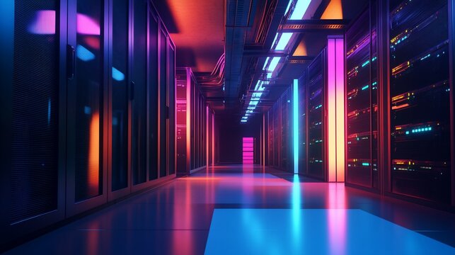 Data center illuminated by vibrant neon lights showing server racks and organized cables