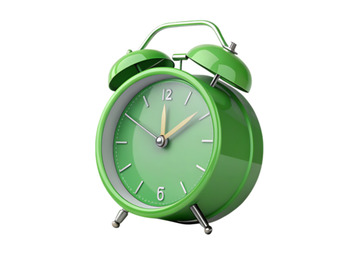 green alarm clock 3d rendering isolated on background white