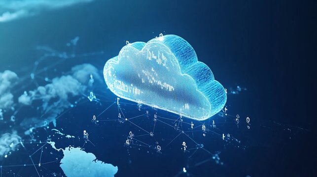 Digital cloud computing global network connection data transfer with world map and icons