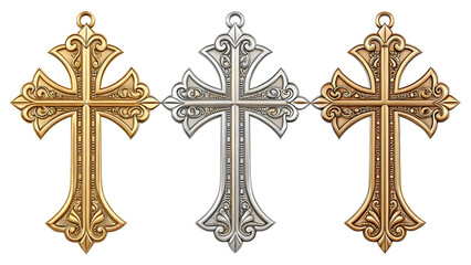 gold silver bronze metal christian cross isolated on background white
