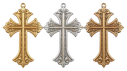 gold silver bronze metal christian cross isolated on background white