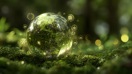 Transparent Earth globe with glowing data icons symbolizing global sustainability in nature.