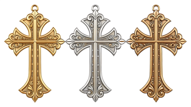 gold silver bronze metal christian cross isolated on background white
