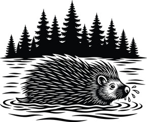 Porcupine swimming in forest lake, wildlife nature scene, black and white vector illustration, evergreen trees background, animal in water, woodcut style