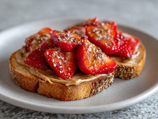 Close up of toast with peanut butter and sliced strawberries on a gray plate top view