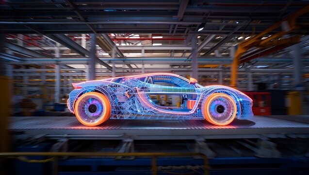 Futuristic Car Design Blueprint Visualization in Manufacturing Facility with Glowing Neon Outlines Depicting Innovation and Modern Technology in Automotive Industry