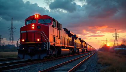 Red locomotive pulling cargo train on railway tracks at sunset. Industrial landscape with power lines and dramatic cloudy sky shows modern transportation and energy production.