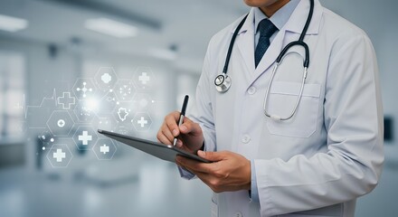 Doctor using tablet with futuristic medical interface and heartbeat graph