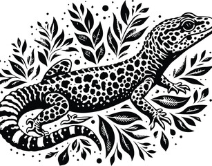 Obraz premium Black and White Leopard Gecko with Floral Accents