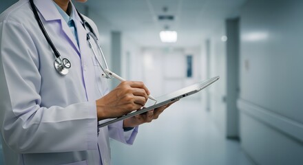 Doctor using tablet with stylus in hospital hallway