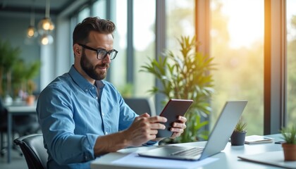 Bearded businessman wearing glasses, blue shirt works with tablet, laptop in modern office. Sunlight streams through large windows, illuminating plants, clean workspace. Professional uses technology