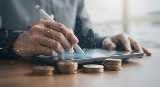 Double Exposure of Person Using Stylus on Tablet with Cityscape and Coins