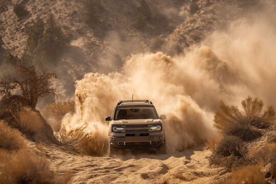 A bronco suv driving through a dusty desert landscape with plants and mountains around