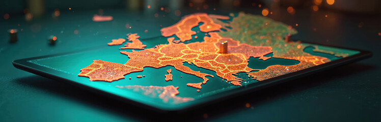 Detailed interactive digital map of Europe displayed on modern tablet. Shows geographical regions, cities, terrain with glowing orange highlights. Interface represents advanced navigation, location