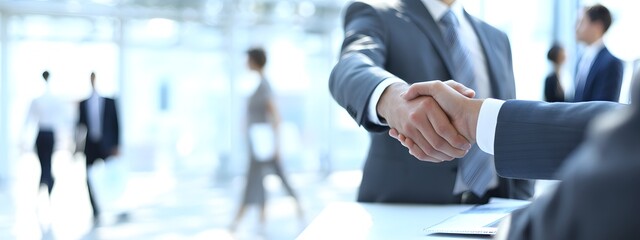 Business Partnership Agreement: Two professionals shake hands in a modern office setting, signifying the establishment of a successful partnership with colleagues blurred in the background.