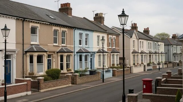 Charming row of colorful Victorian terraced houses lining a quiet residential street with traditional streetlights and a classic red post box under an overcast sky.