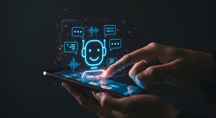 Fingers touching smartphone screen interacting with AI chatbot interface, future technology concept