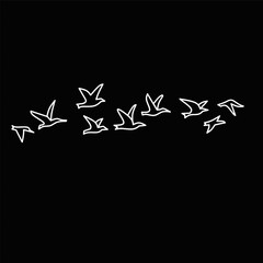 White Outline of Flying Birds on Black Background