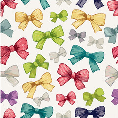 Colorful hand-drawn bows pattern with crayon texture on warm pastel background. Bright rainbow colors, seamless design, playful and cheerful style.