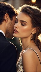 A romantic moment between a couple, capturing intimacy and elegance in a softly lit setting.