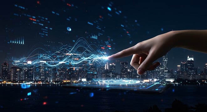Futuristic Digital Interface with Hand Interaction and Cityscape Background