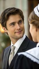 A well-dressed man smiles while interacting with a woman in a traditional uniform, set against an elegant backdrop.