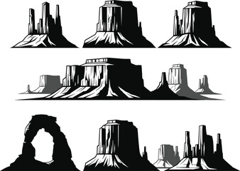 Monument Valley rock formations silhouette, desert mesa illustration, canyon landscape vector art, western nature clipart, sandstone buttes and arches design © LITON WORLD